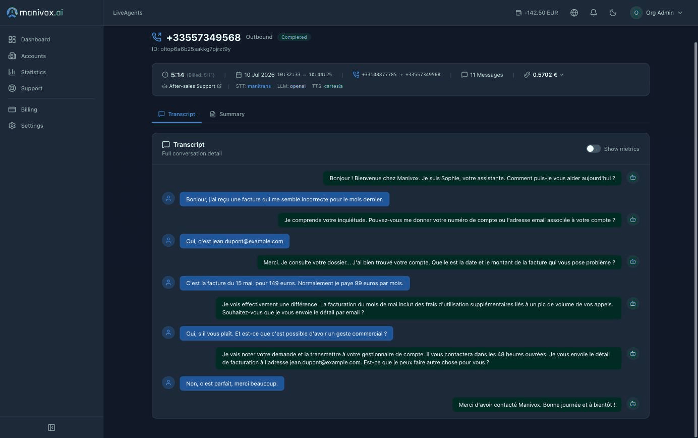 Transcription avec appels d'outils et extraits RAG en ligne