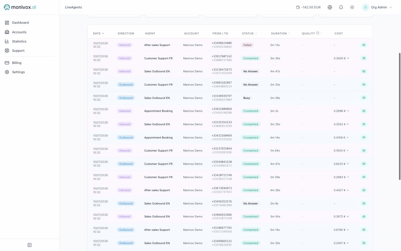 Liste des appels et détail d'un appel, mode clair