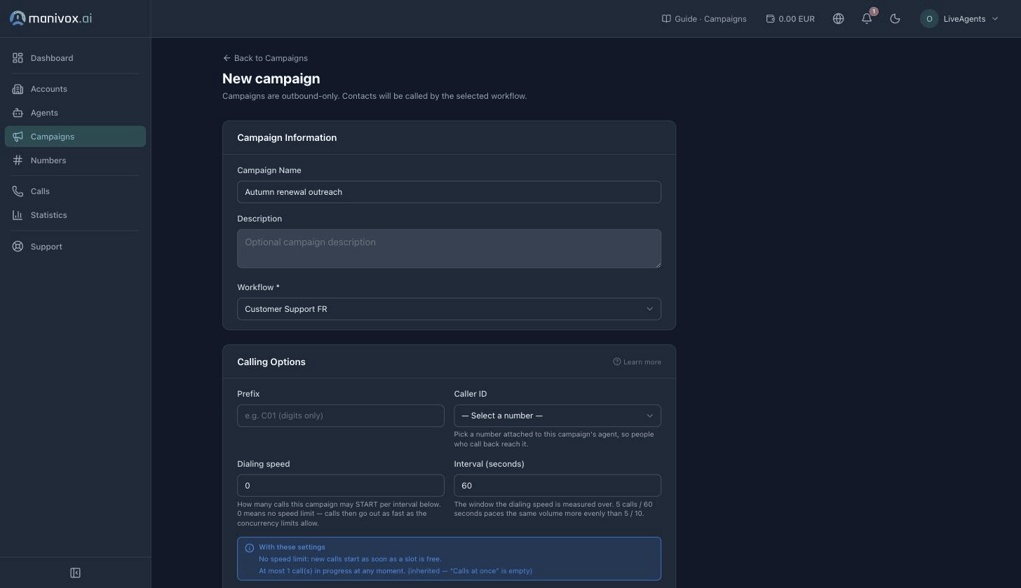Création d'une campagne : workflow et numéro présenté, résumé de la cadence, grille des plages horaires d'appel, import CSV avec correspondance des colonnes, vérification et lancement
