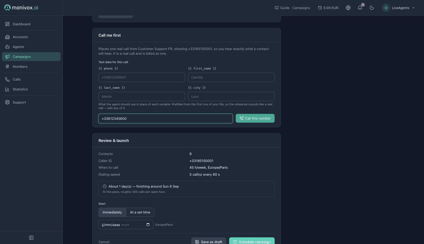 Review & launch : le contrôle Start basculant entre Immediately et At a set time, le bouton principal devenant Schedule for au moment choisi