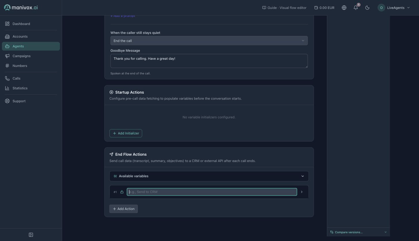 End Flow Actions dans l'onglet Initialization : ajout d'une action webhook, puis restriction avec Fires on à des sorties Hangup ou Transfer précises