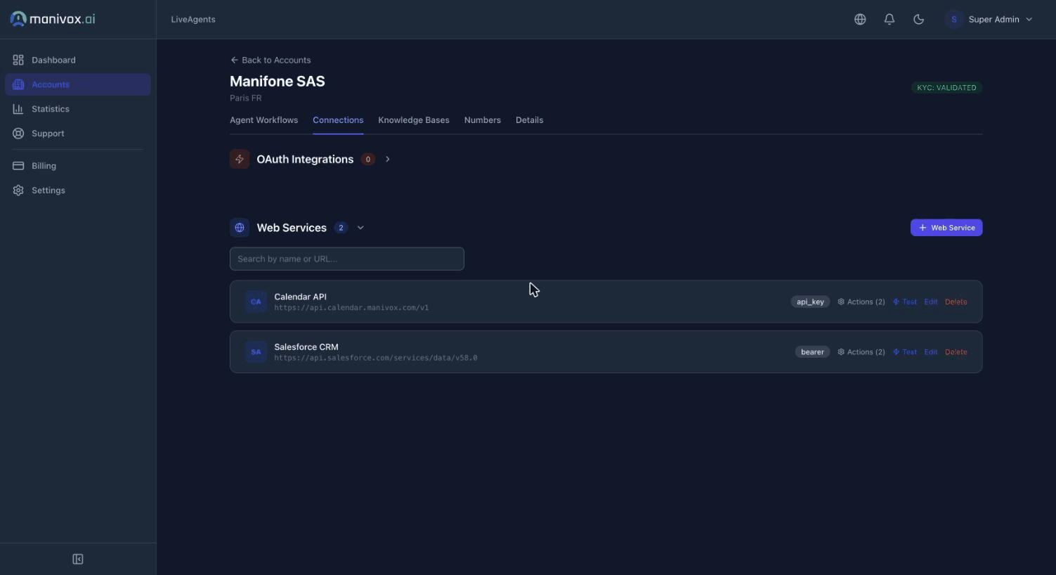 Web service integrations in the dashboard