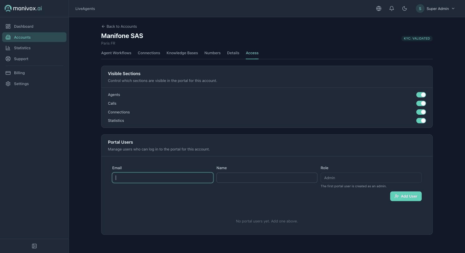 Détail du compte → onglet Accès : ajouter des utilisateurs de portail avec le rôle ADMIN ou VIEWER et choisir les sections visibles
