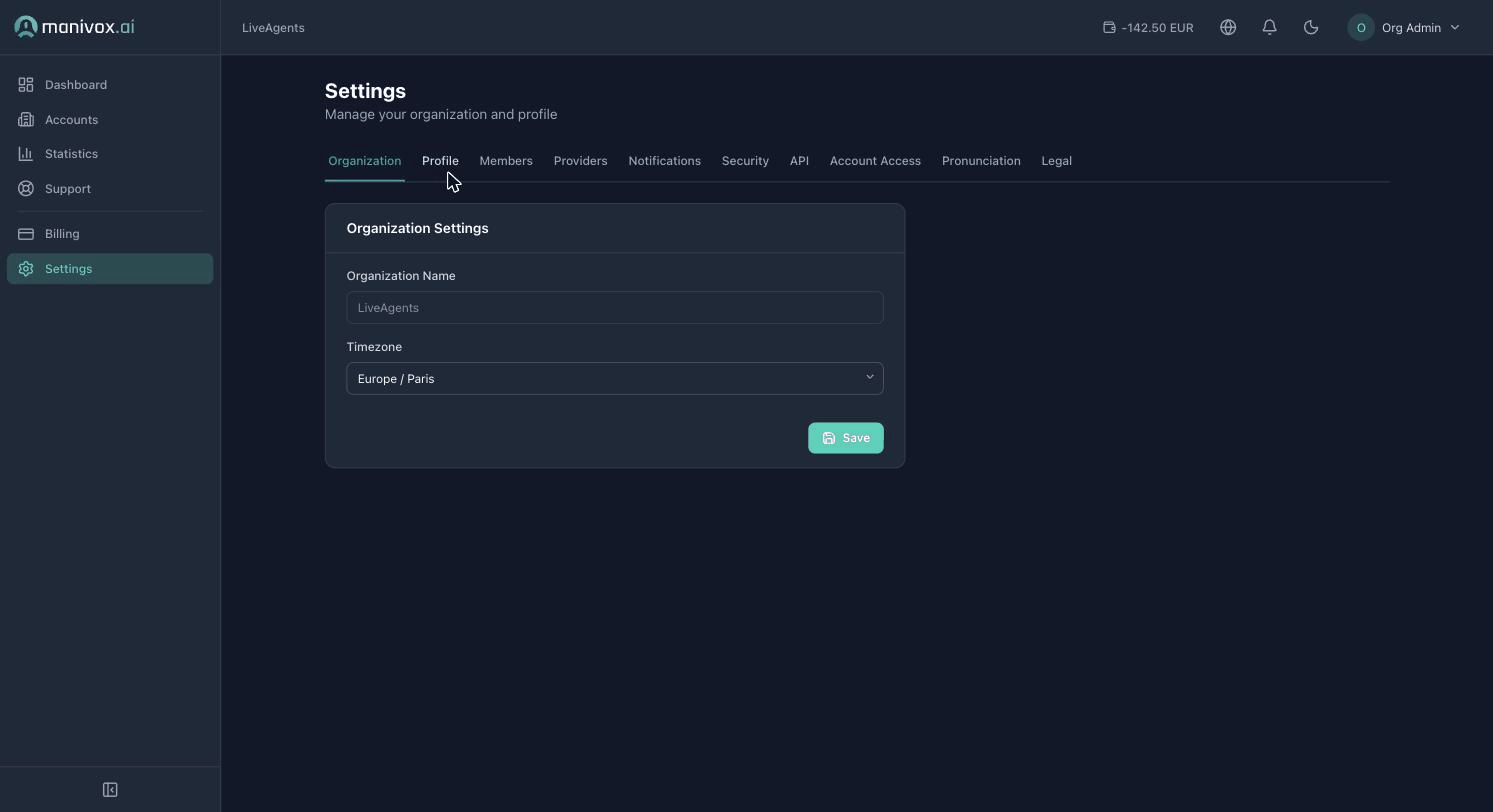 Les onglets de la page Paramètres : Organisation, Profil, Membres, Notifications, Sécurité, Prononciation