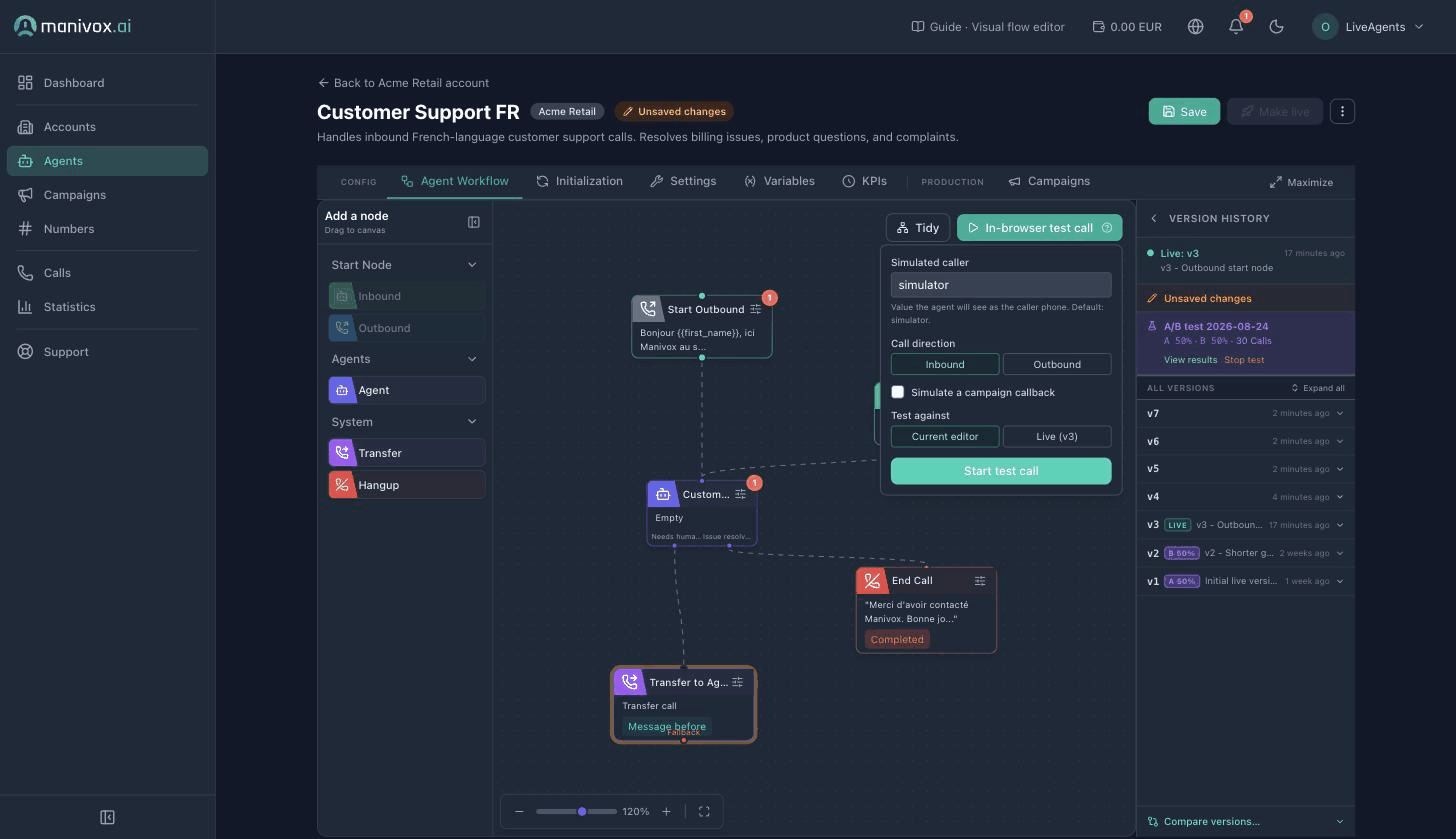 Le lanceur du simulateur : bascule Call direction, champ Number we are calling et variables de campagne en Outbound, puis Simulate a campaign callback avec l'issue précédente en Inbound