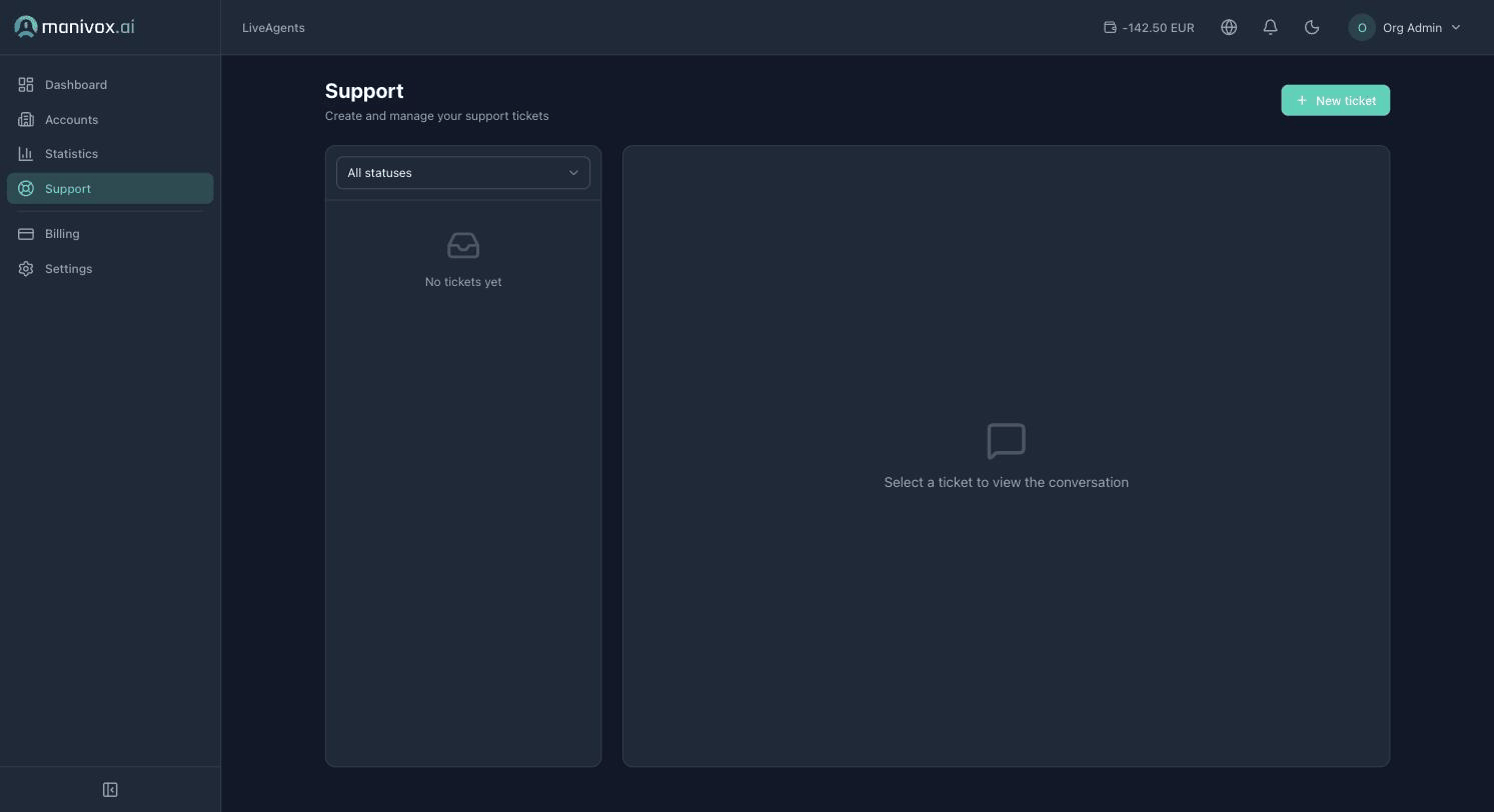 La page Support : la liste des tickets et le formulaire Nouveau ticket